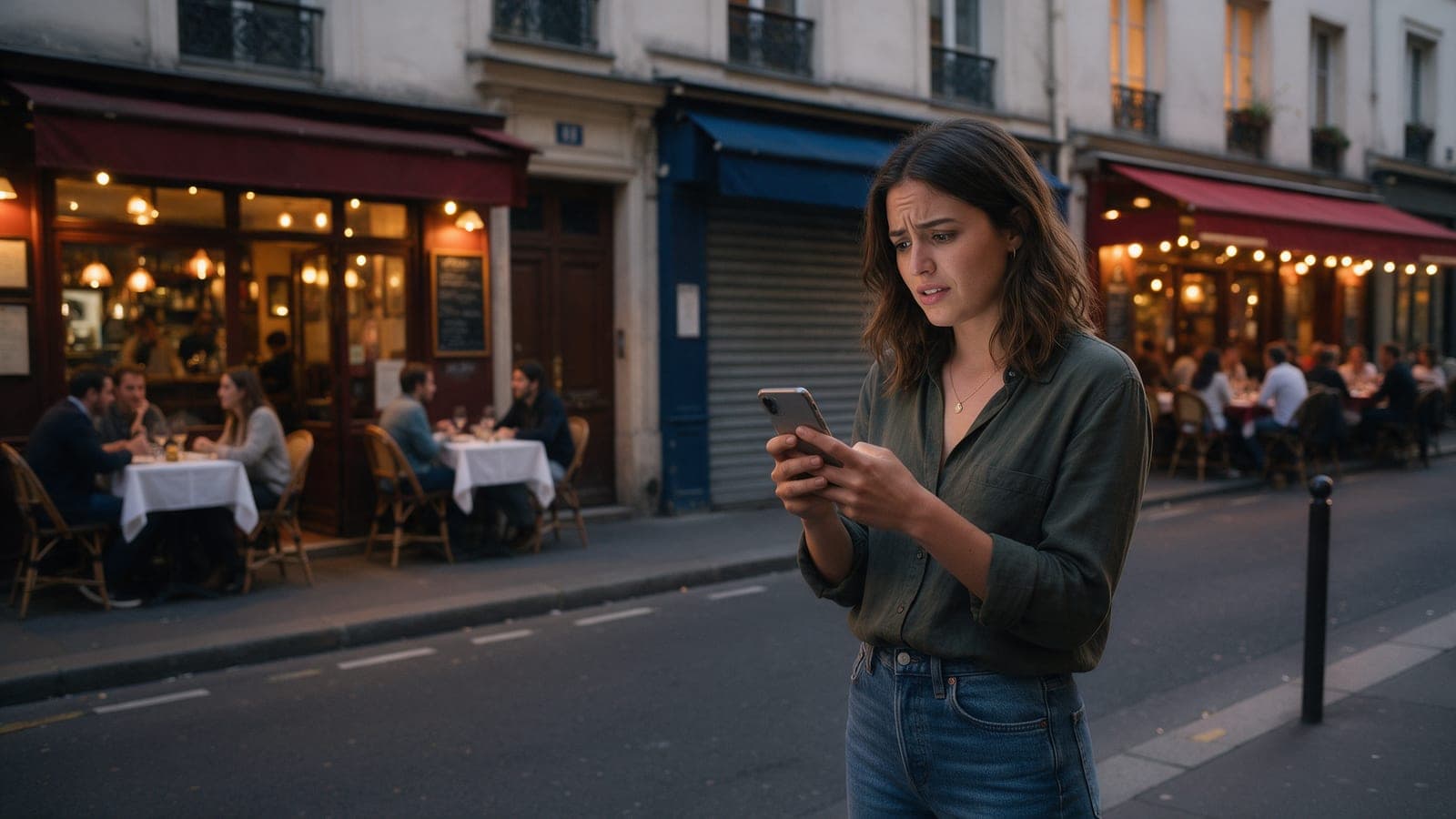 In the evening, on a Paris street, a young woman looks at her phone, puzzled; behind her, between two busy bistros, a shopfront has its metal shutter pulled down.
