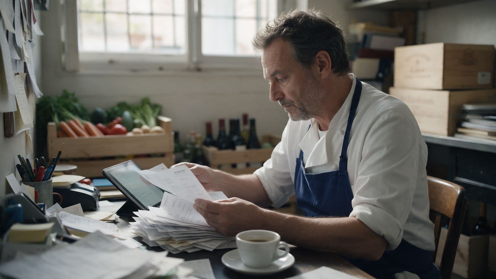 Un restaurateur dans le petit bureau de son restaurant, entre deux services, compare une pile de factures papier de fournisseurs avec l'écran d'une tablette.