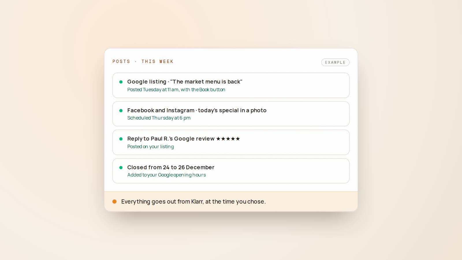 A Klarr screen titled "Posts · this week": a post published on the Google listing with the Book button, a Facebook and Instagram post scheduled for Thursday at 6 pm, a reply to a Google review posted, and a closure added to the Google opening hours.