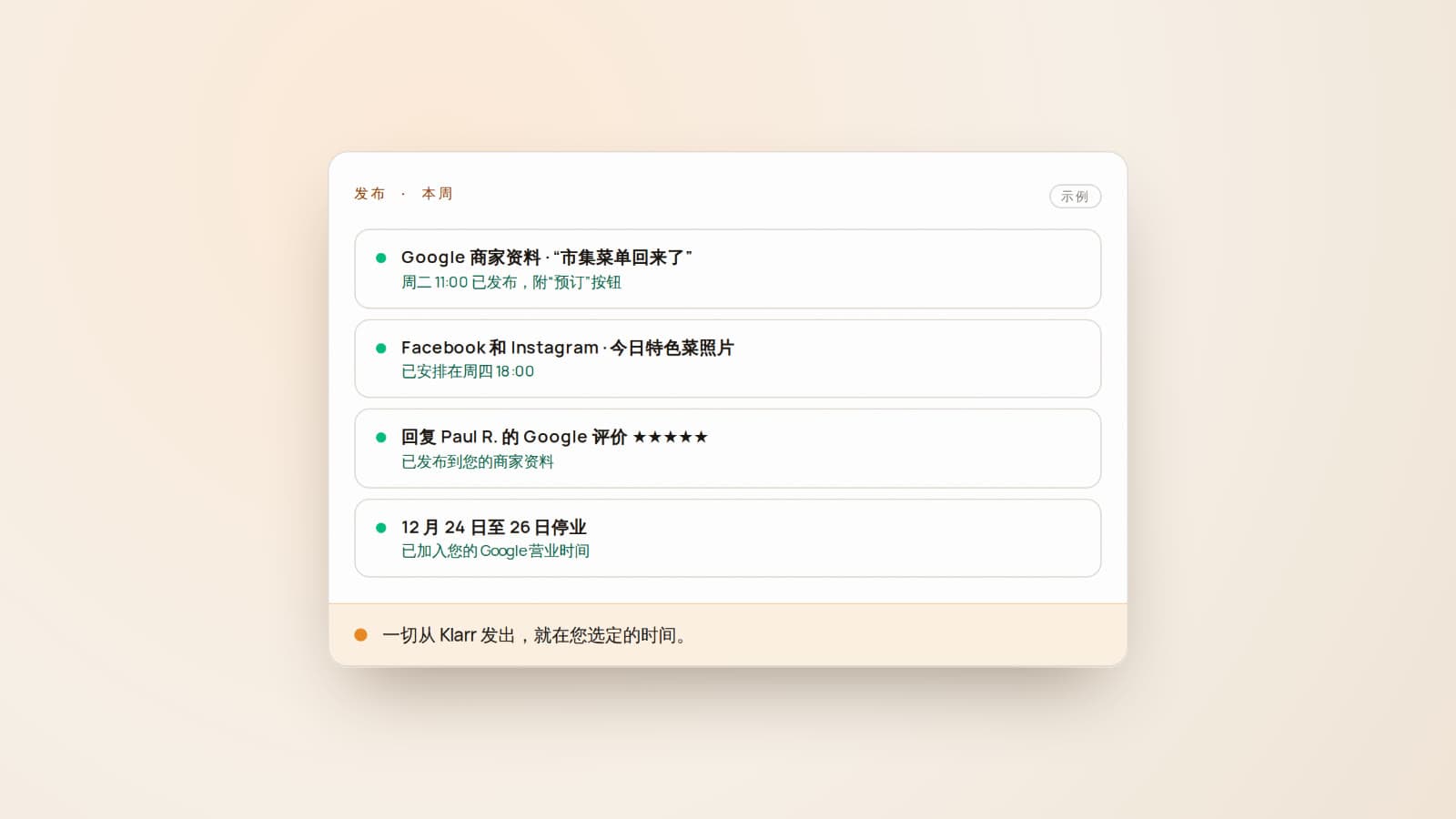 Klarr 的一个页面,标题为“发布 · 本周”:一条附“预订”按钮、已发布到 Google 商家资料的帖子,一条安排在周四 18:00 的 Facebook 和 Instagram 帖子,一条已发布的 Google 评价回复,以及一条已加入 Google 营业时间的停业信息。