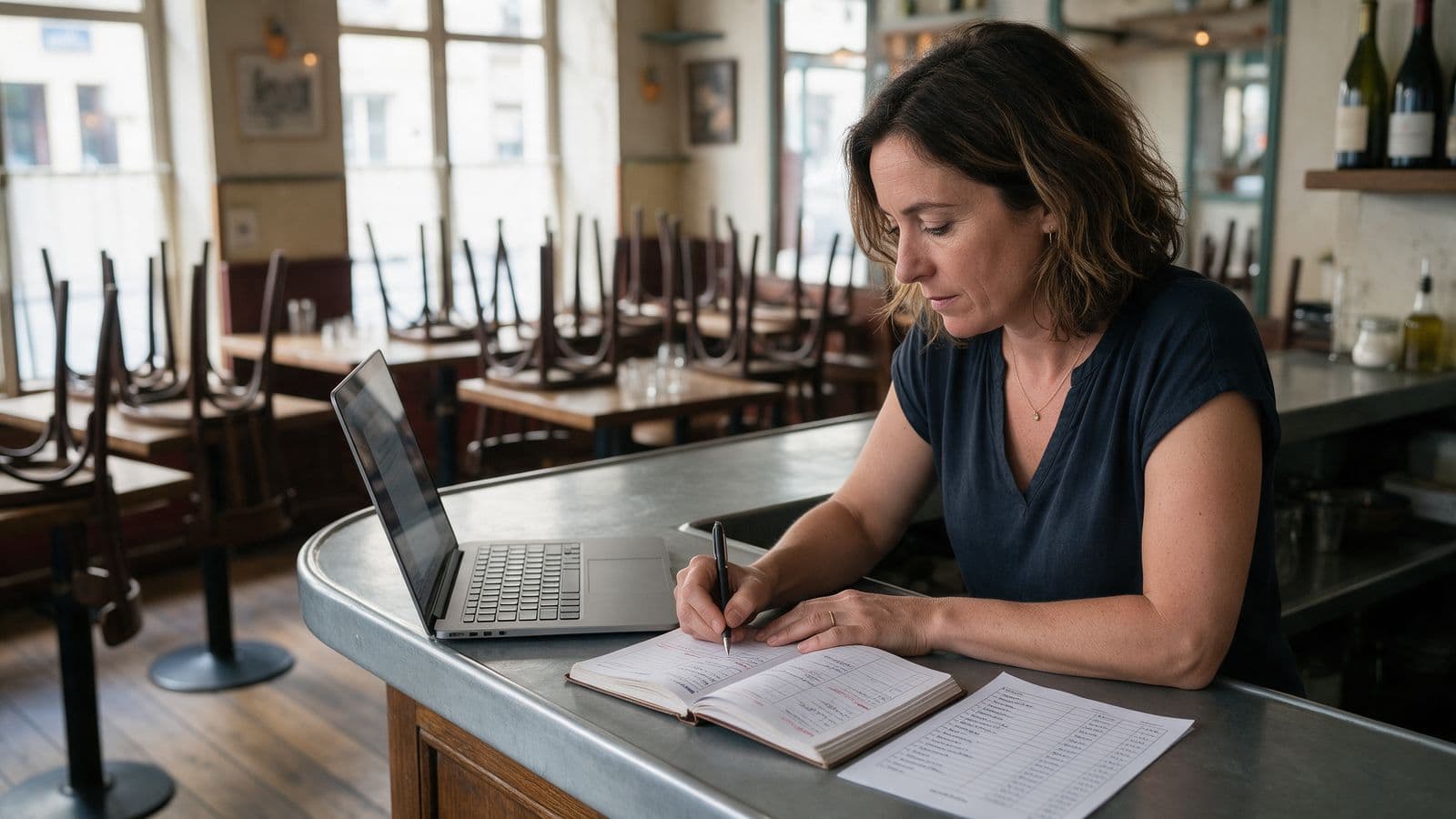 Une restauratrice au comptoir de son bistrot vide, le matin avant le service, recopie des réservations dans un carnet papier à côté de son ordinateur portable.