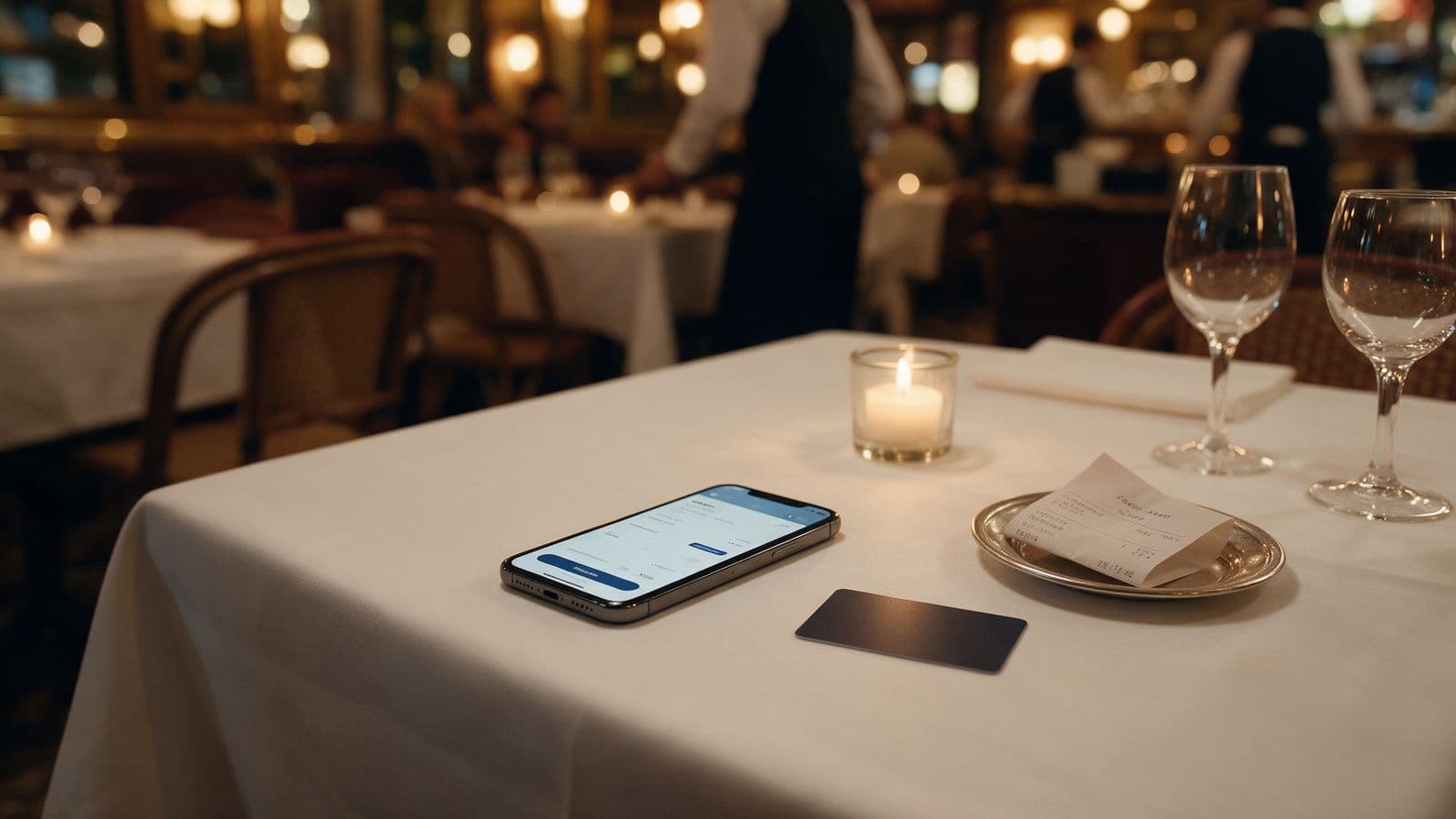 Une table de brasserie en fin de dîner : un téléphone posé à côté d'une carte de paiement sans marque et de l'addition dans une coupelle, à la lueur d'une bougie.