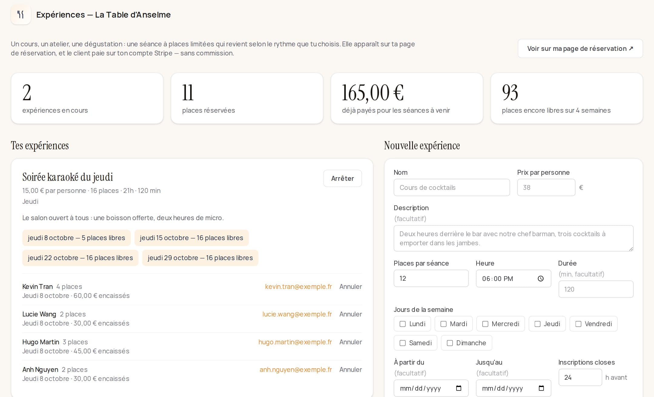 Les expériences dans Klarr : une soirée karaoké du jeudi à 15 € avec ses séances et ses inscrits, et un atelier raviolis.