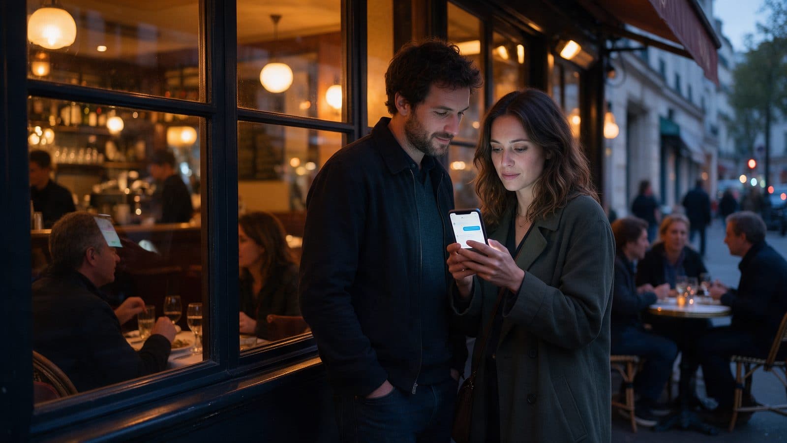 Le soir, devant la vitrine éclairée d'un bistrot parisien, une femme consulte une réponse sur son téléphone pendant que des clients dînent derrière la vitre.