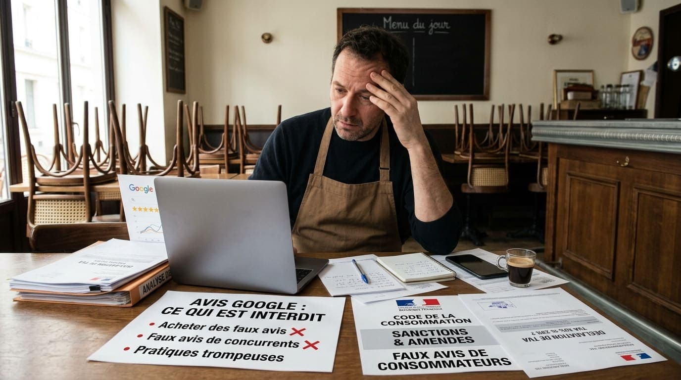 Un restaurateur regarde ses avis sur son ordinateur, à côté de notes sur les faux avis et les sanctions prévues par le code de la consommation.