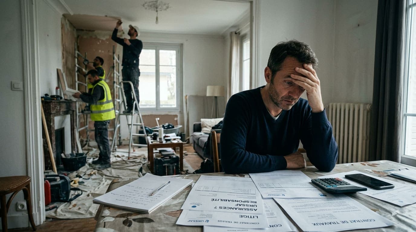 Au fond, des ouvriers travaillent sur un chantier ; au premier plan, un homme inquiet devant des contrats de travaux et des courriers Urssaf.