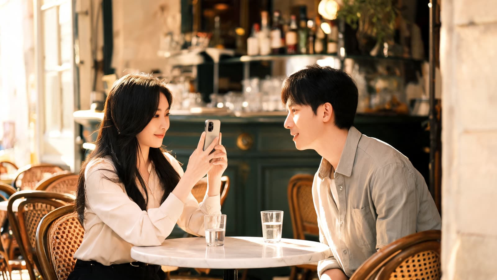 Dans un bistrot parisien baigné de soleil, une jeune femme montre son téléphone à son compagnon, attablés devant deux verres d'eau.