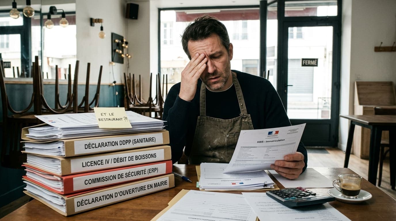 Une pile de classeurs — déclaration DDPP, licence IV, commission de sécurité, déclaration d'ouverture en mairie — surmontée d'un post-it « et le restaurant ?! », à côté d'un restaurateur qui lit son Kbis.