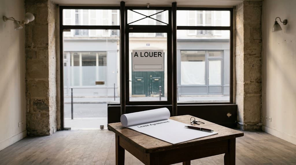 An empty commercial unit: a lease and a bunch of keys on a table, facing a “To let” shopfront across the street.