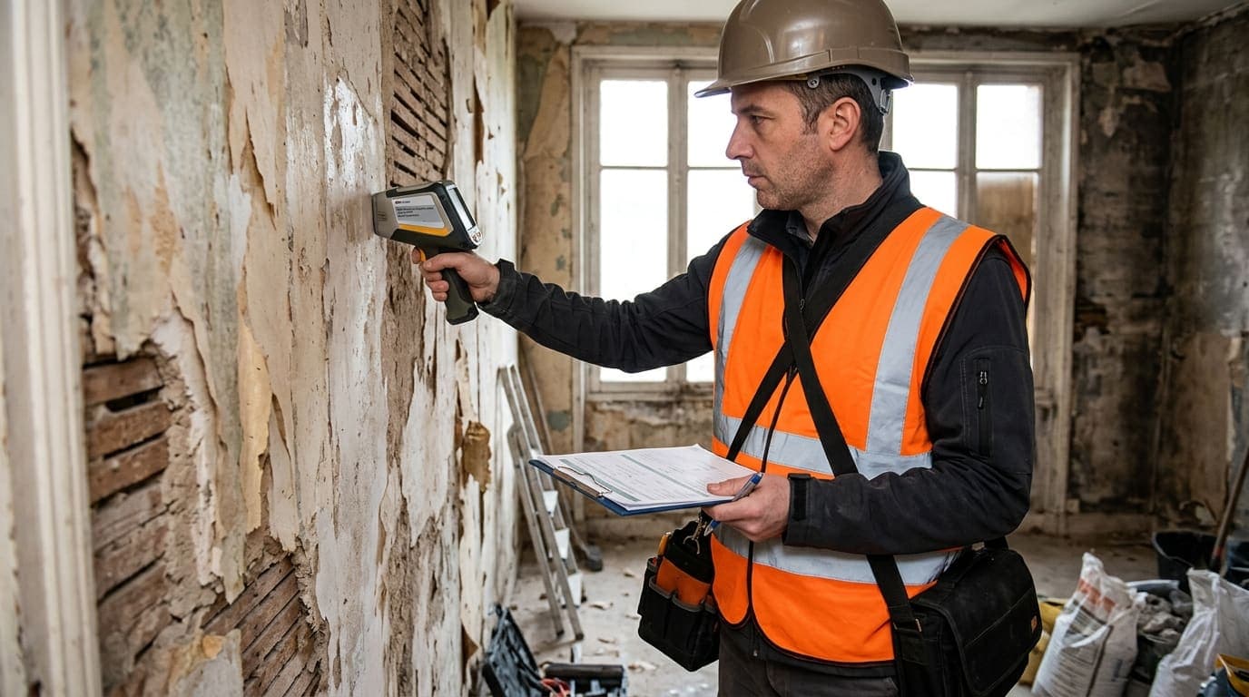 Un opérateur en gilet de chantier passe un appareil de mesure sur un mur décroûté, dans une pièce en travaux, un rapport à la main.