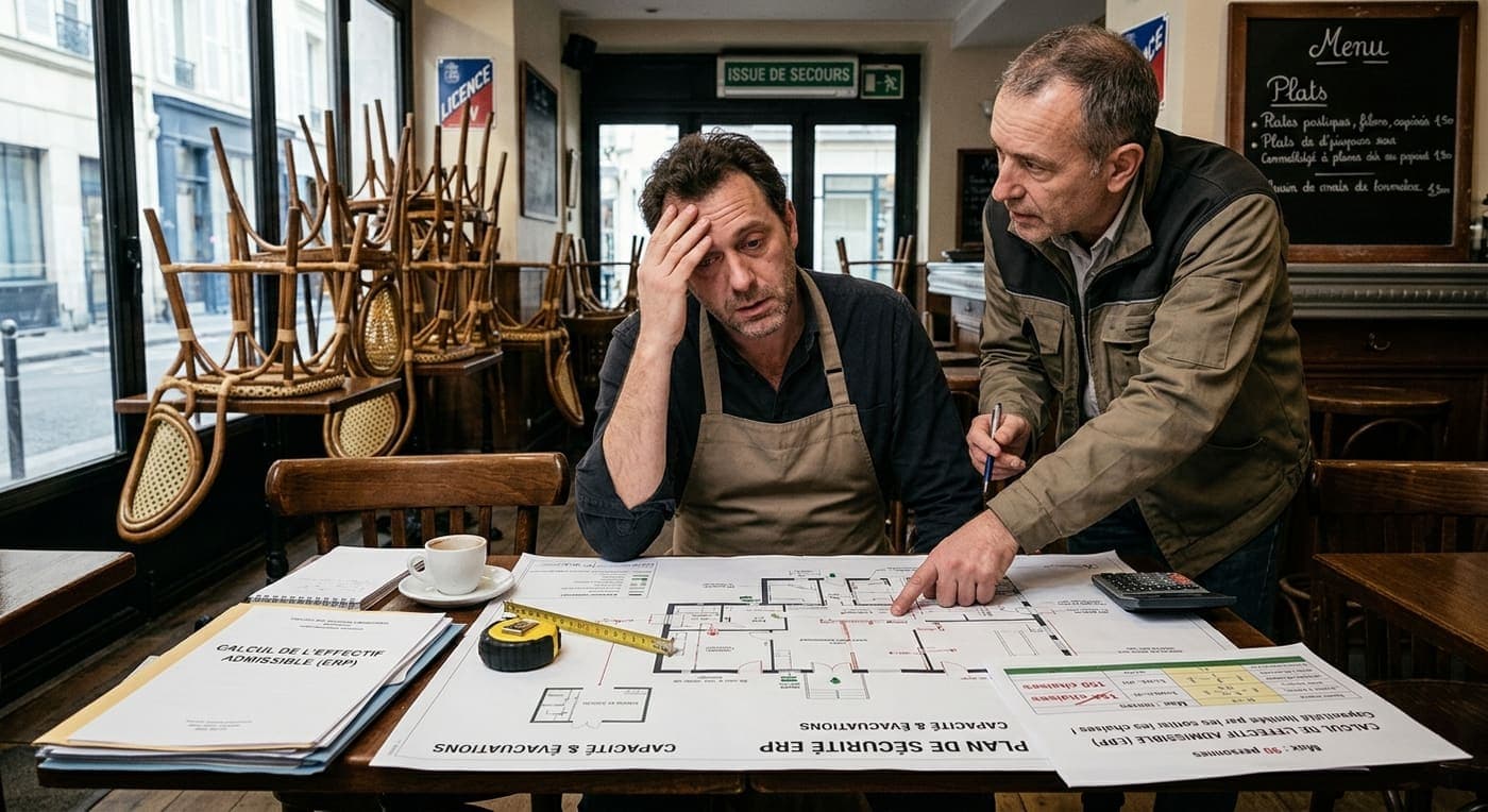 Un technicien explique un plan de sécurité ERP à un restaurateur, mètre ruban sur la table, dans une salle fermée sous un panneau de sortie de secours.