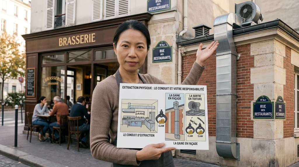 A restaurant owner in front of her brasserie points out the extraction route: the duct from the kitchen, the metal flue up the front of the building, the outlet on the roof.