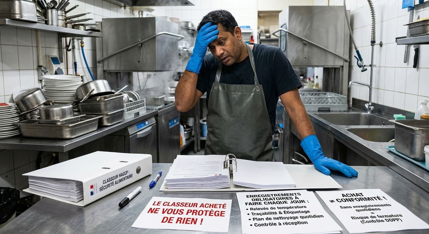 Un cuisinier en gants, dans une cuisine inox, devant un classeur « sécurité alimentaire » acheté tout fait et une liste des relevés obligatoires à tenir chaque jour.