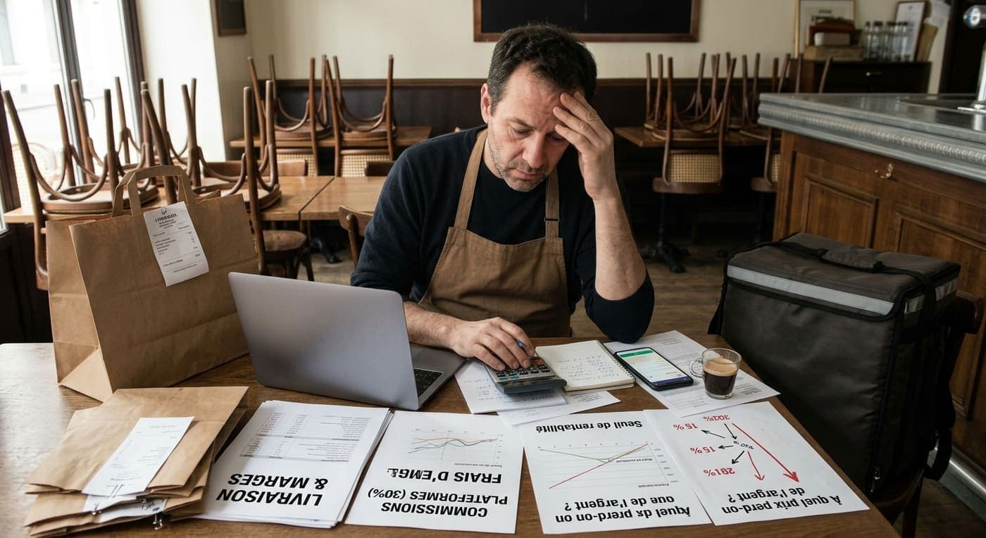 Un restaurateur devant son ordinateur, entouré de sacs de livraison en kraft et d'un sac isotherme de coursier, avec des notes sur les commissions et les marges.