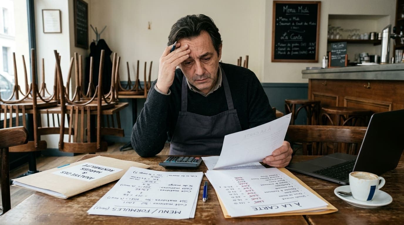 Un restaurateur compare deux documents sur sa table : une page de menus et formules, et une carte, avec une calculatrice et des relevés de coût matière.