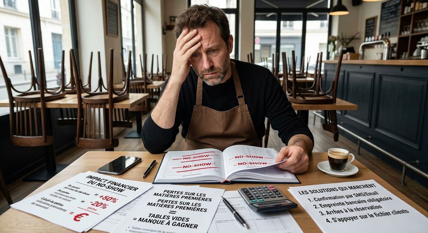 Un restaurateur devant un cahier de réservations couvert de mentions « no-show », dans une salle vide aux chaises encore relevées.