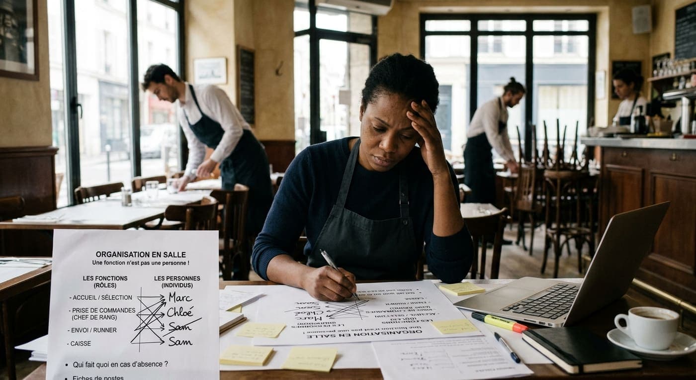 Une restauratrice met au propre son organisation de salle : d'un côté la liste des fonctions, de l'autre les prénoms de l'équipe, pendant que le service se prépare derrière elle.