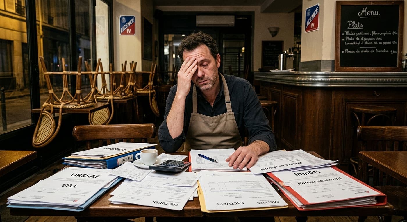 Un restaurateur assis seul dans sa salle fermée, la tête dans la main, devant des piles de courriers Urssaf, TVA, impôts et normes de sécurité.