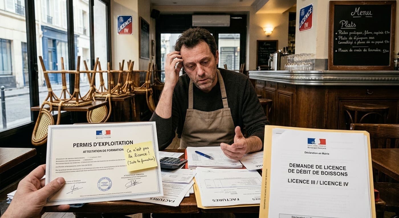Un restaurateur au téléphone dans sa salle fermée, entre une attestation de permis d'exploitation qu'on lui tend et un dossier de demande de licence de débit de boissons.
