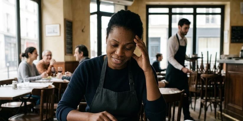 Une restauratrice assise à une table de sa salle, la main sur la tempe, pendant qu'un serveur dresse les tables derrière elle.