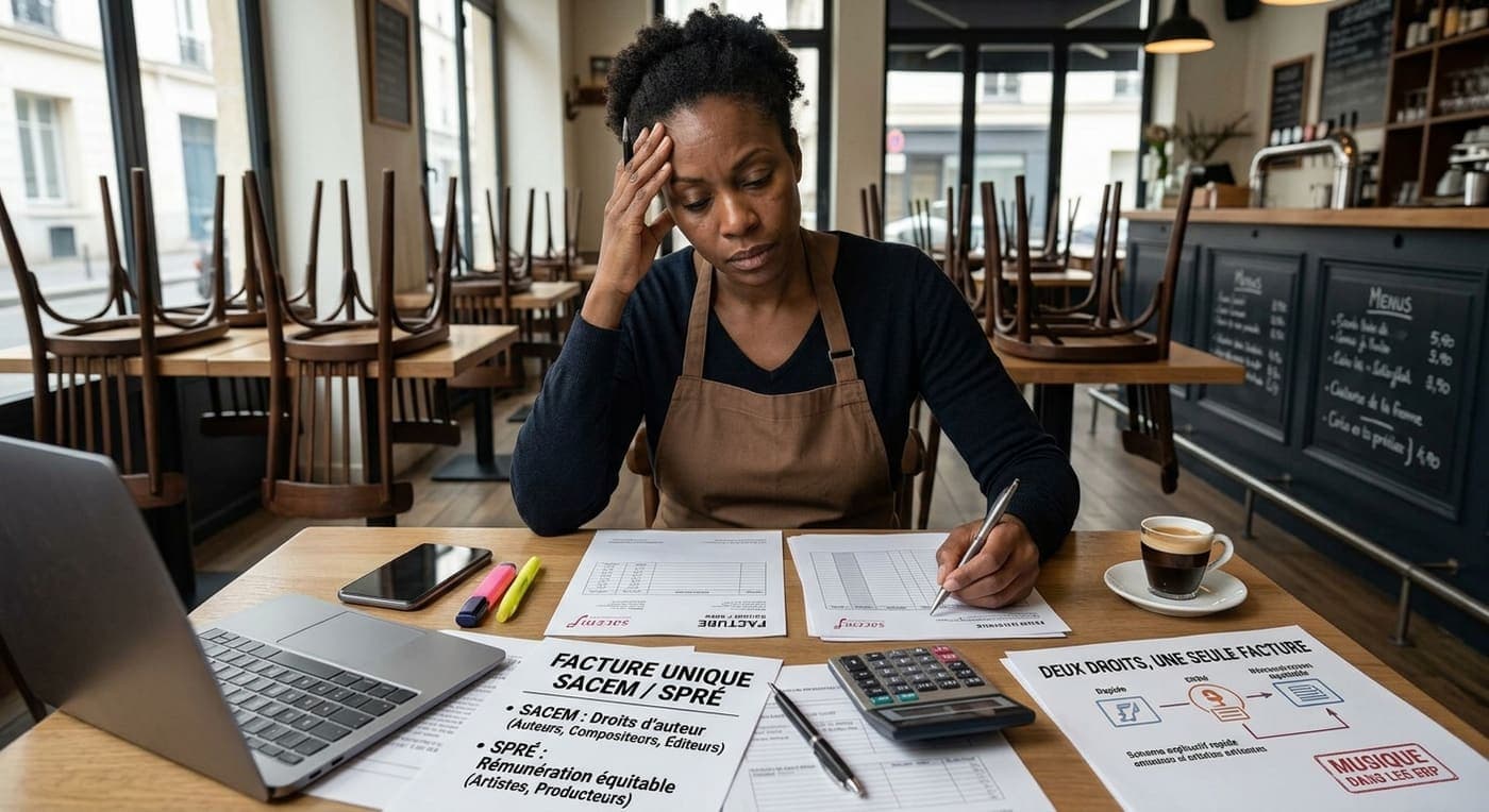 Une restauratrice dans sa salle fermée, devant une facture unique SACEM-SPRE et une note qui sépare le droit d'auteur de la rémunération équitable.