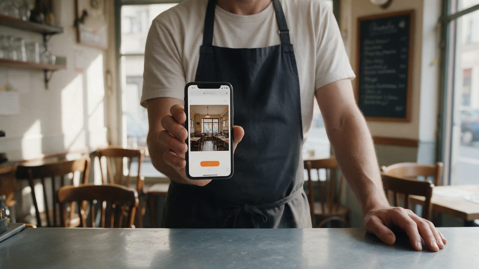 Un restaurateur en tablier, derrière le comptoir d'un bistrot, montre sur son téléphone la page de son restaurant.