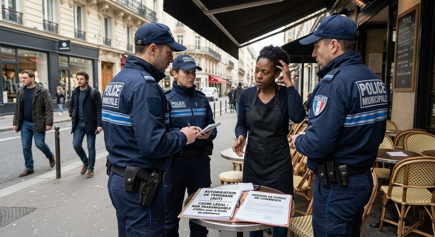 Des agents de la police municipale contrôlent l'autorisation d'occupation du domaine public d'une terrasse, devant la restauratrice.