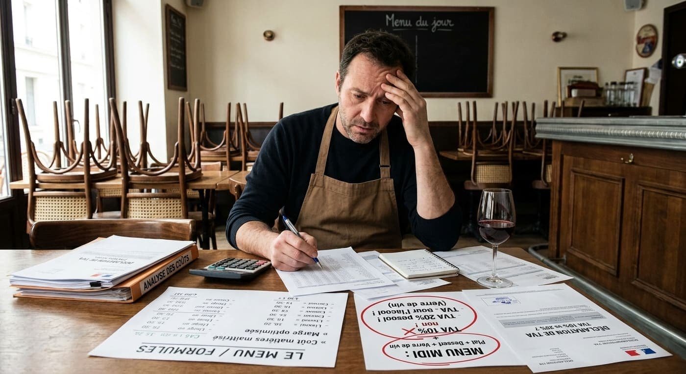Un restaurateur calcule la ventilation de TVA d'un menu, un verre de vin posé à côté de ses notes sur les taux à 10 et 20 %.