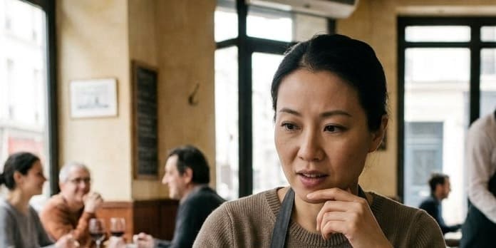 Une restauratrice en tablier, pensive, dans sa salle où trois clients déjeunent près de la fenêtre.