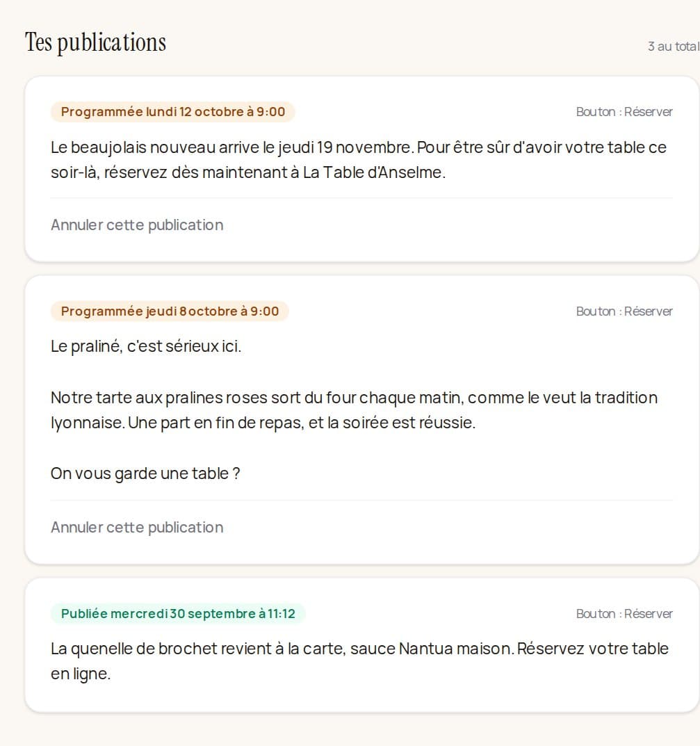 Les publications Google dans Klarr : deux posts programmés et un post publié, chacun avec le bouton « Réserver ».