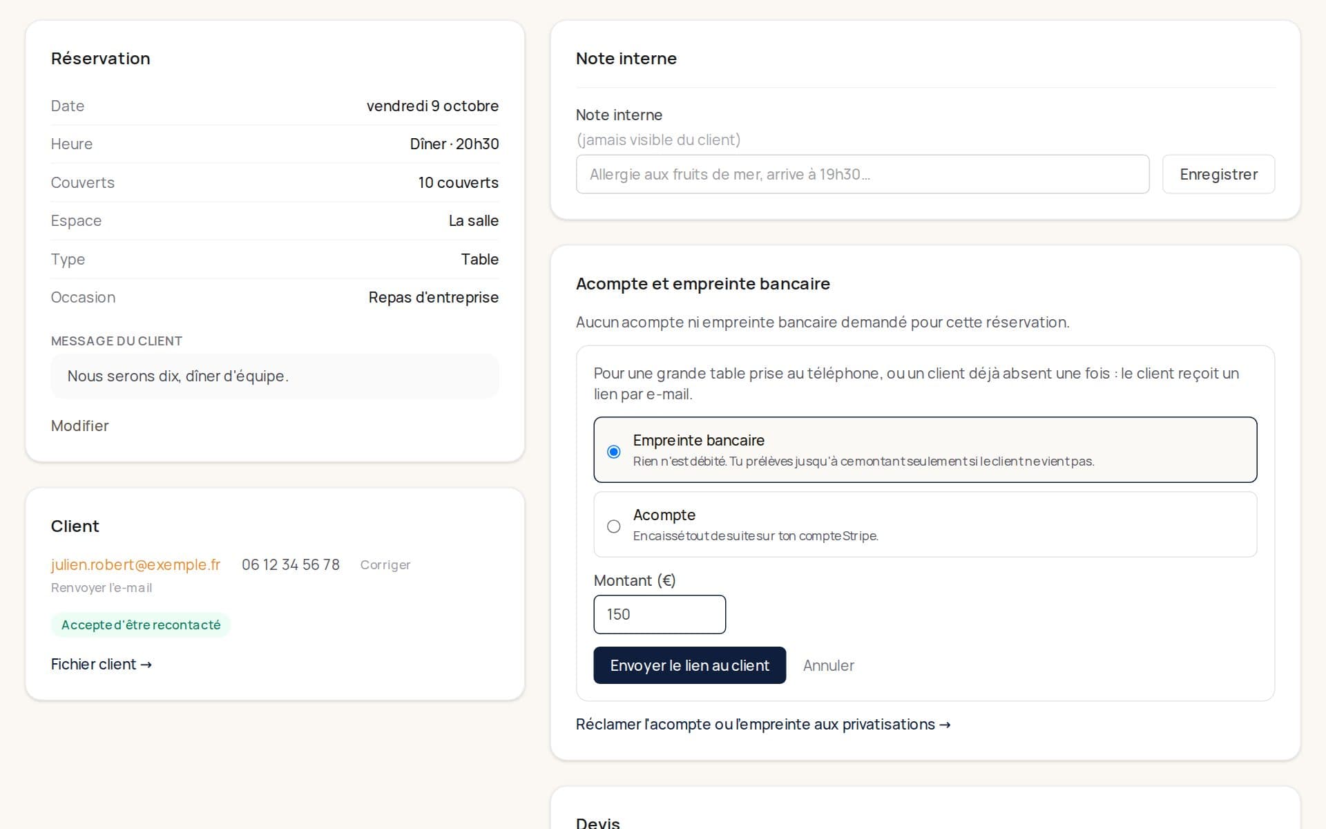 La fiche d'une réservation dans Klarr : le formulaire « Demander un acompte ou une empreinte », empreinte bancaire choisie, montant de 150 €.