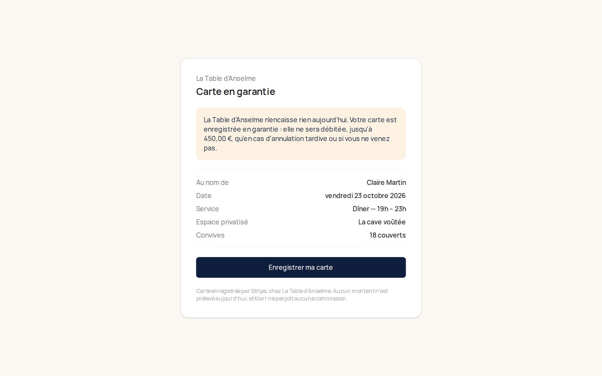 La page que reçoit le client : le montant maximum de l'empreinte, le cas où elle peut être débitée, et le bouton pour enregistrer sa carte chez Stripe.