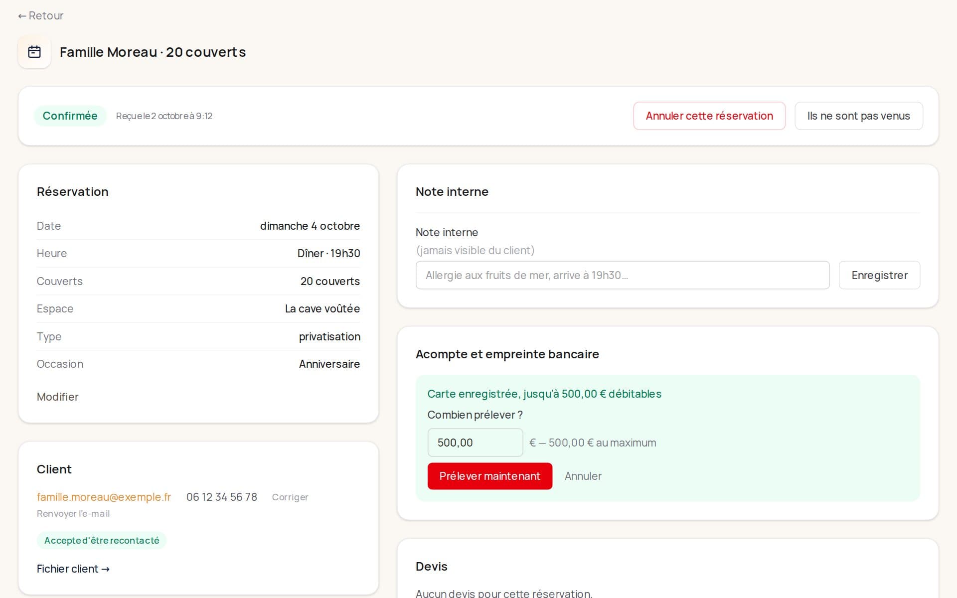 Une privatisation dans Klarr : carte enregistrée jusqu'à 500 €, et le formulaire pour prélever tout ou partie du montant.