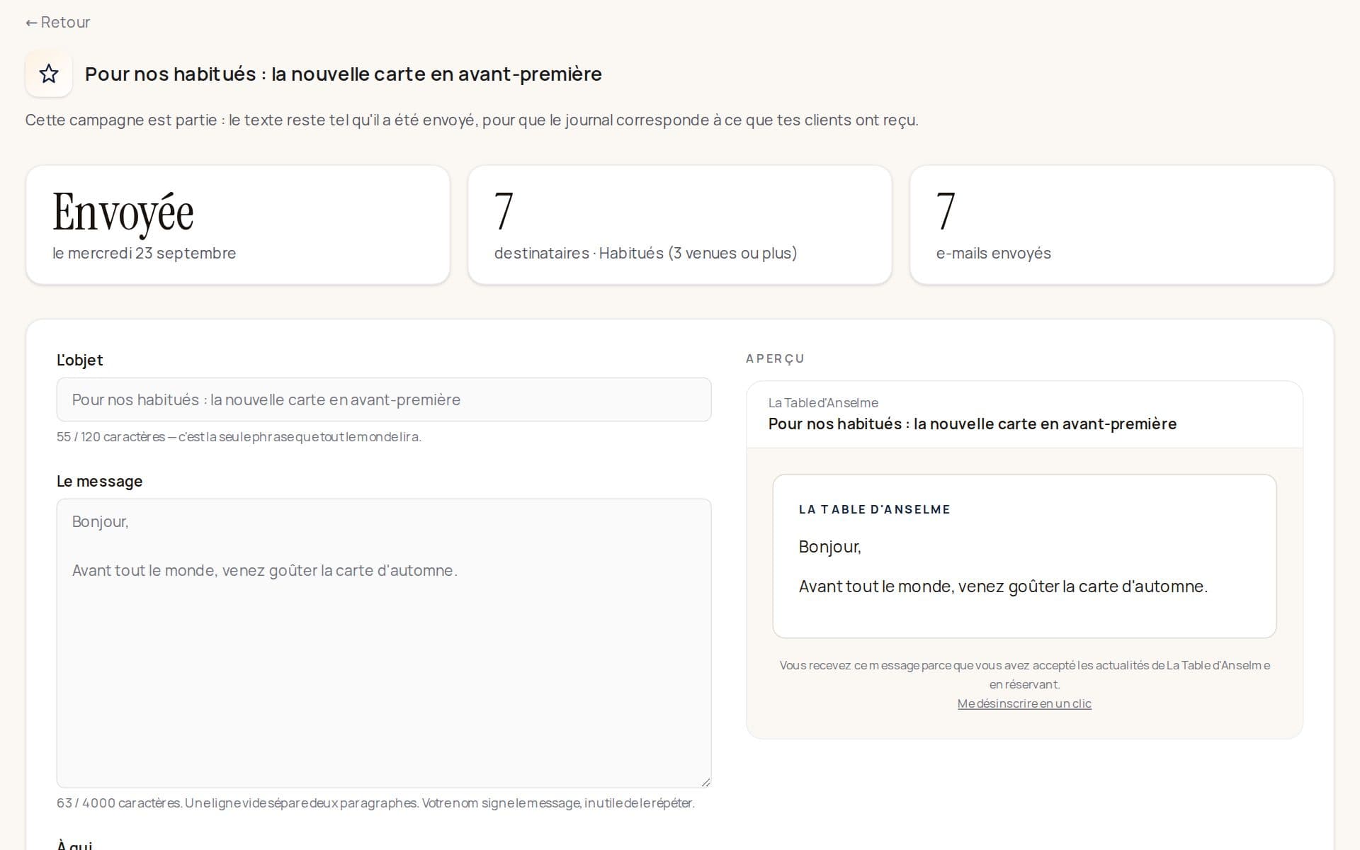Une campagne envoyée dans Klarr : sept e-mails partis aux habitués le jour programmé, et l'e-mail tel qu'ils l'ont reçu.