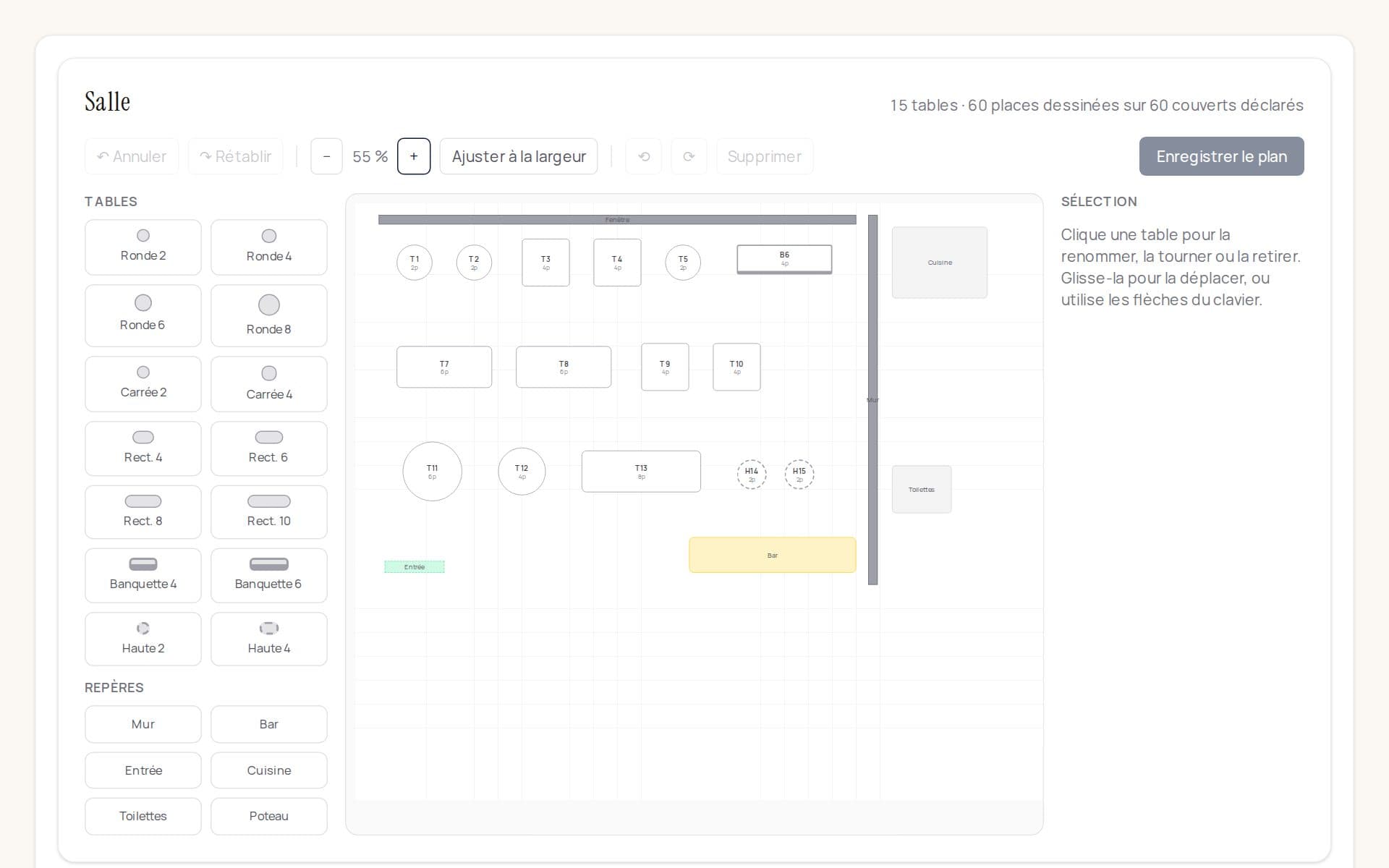 L'éditeur de plan de salle de Klarr : une palette de tables à gauche, la salle dessinée au centre avec ses tables et ses repères.