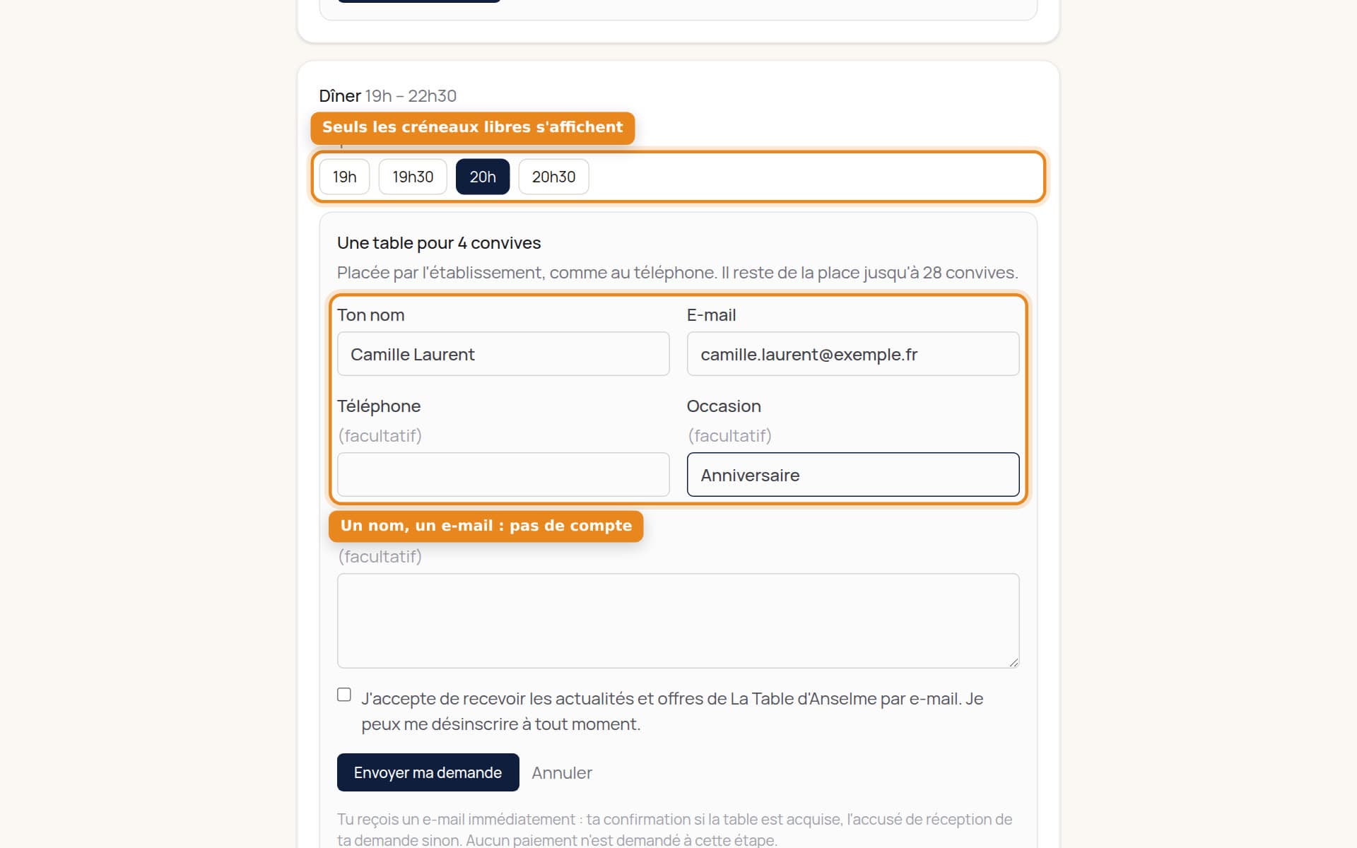 La page de réservation de La Table d'Anselme : date, nombre de convives, créneaux du dîner et formulaire de contact.