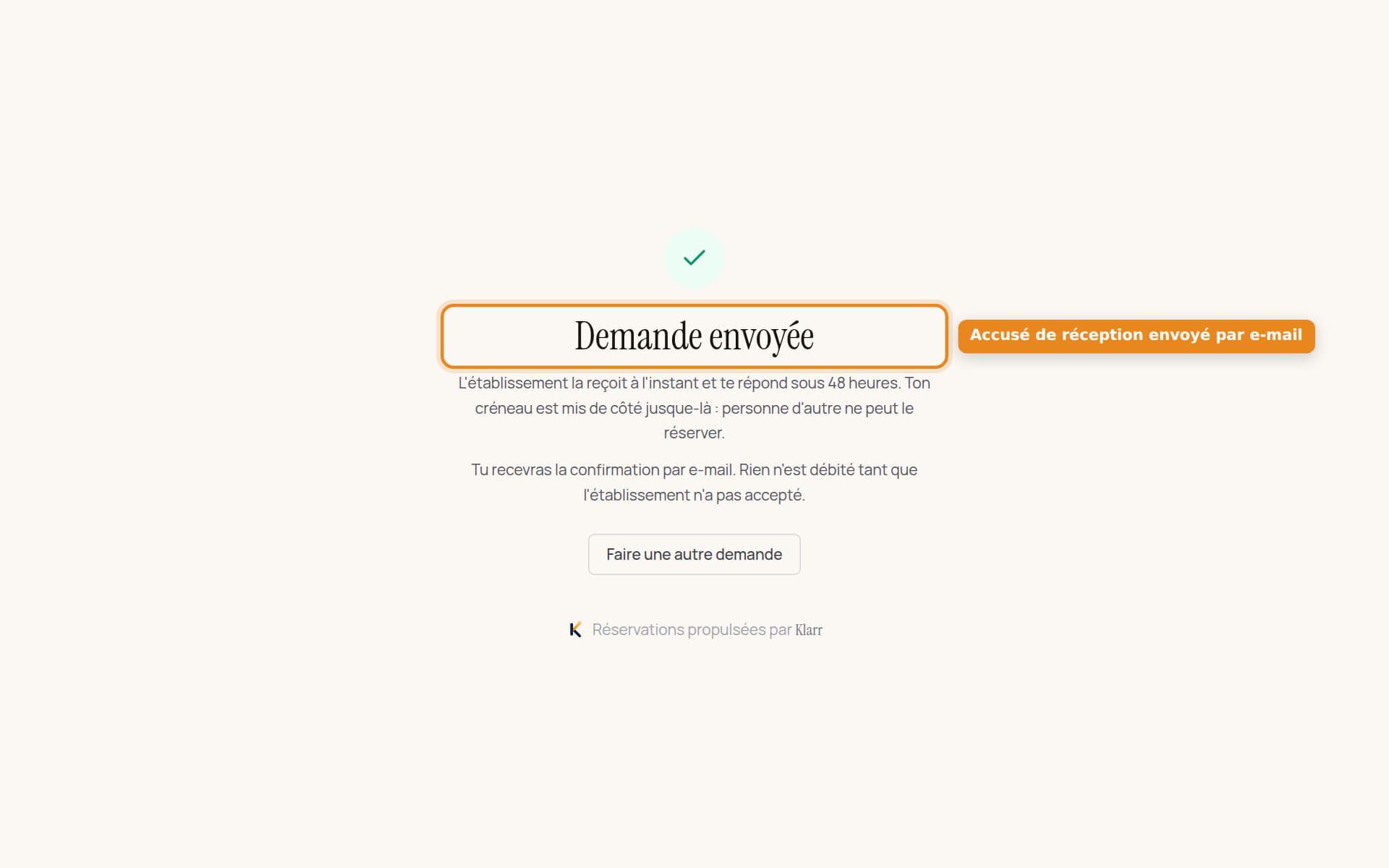 L'écran qui suit l'envoi de la demande, côté client.