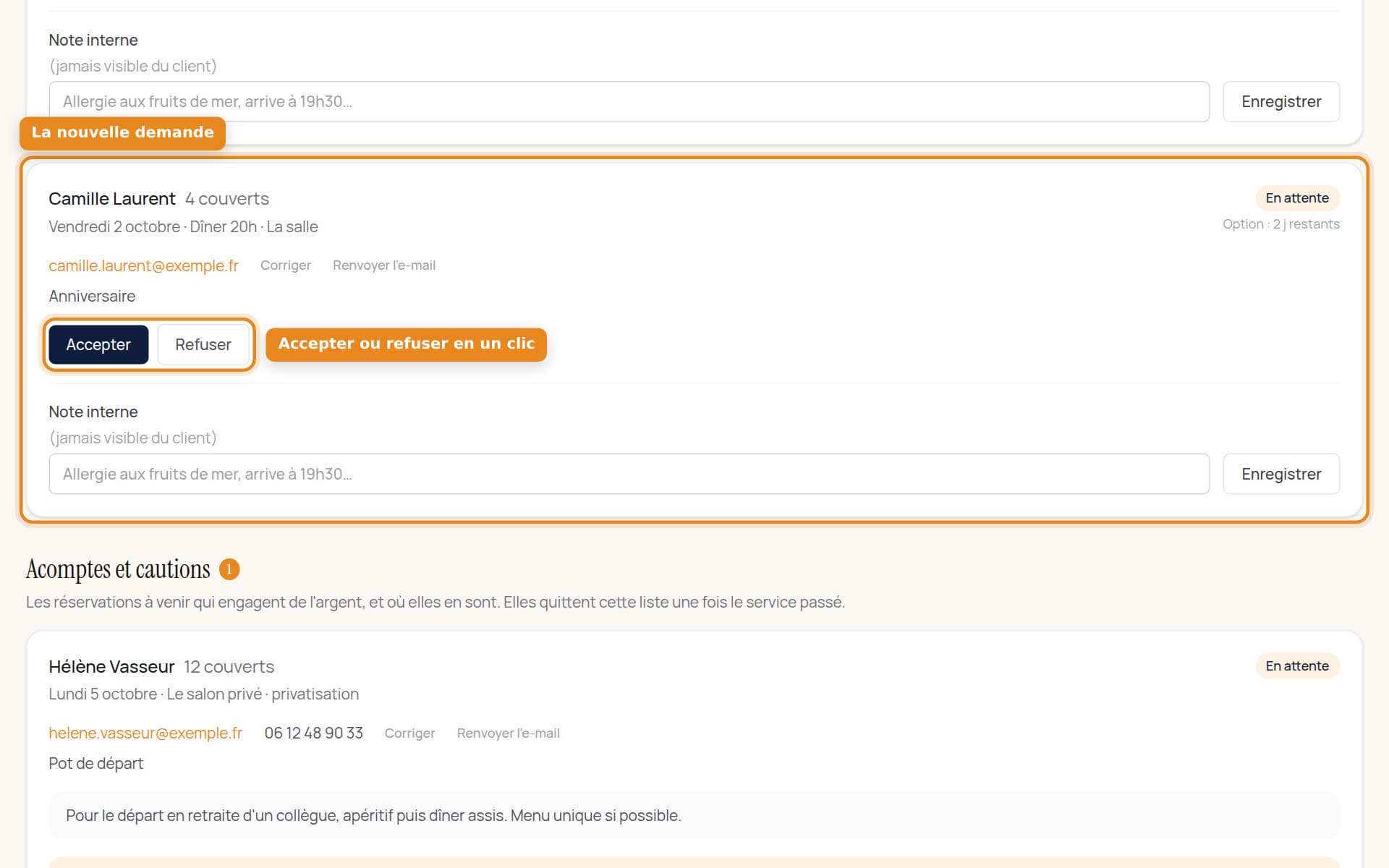 Le carnet de réservations de Klarr, avec les demandes à traiter et les boutons Accepter et Refuser.