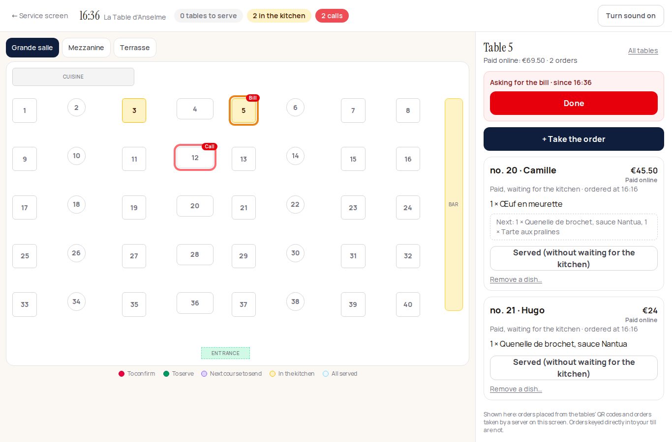 The Floor screen: table 5 circled and marked "Bill", table 12 in red marked "Call", and on the right "Asking for the bill", the "Done" button and "+ Take the order".