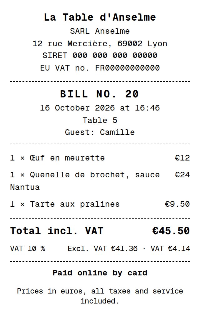 The bill for table 5: the restaurant's name, address, SIRET and VAT number, the date, the three dishes, the total incl. VAT, the 10% VAT and "Paid online by card".