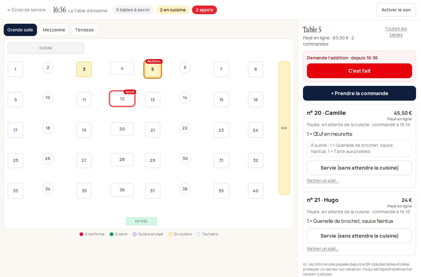 L'écran Salle : la table 5 entourée, marquée « Addition », la table 12 en rouge marquée « Appel », et à droite « Demande l'addition », le bouton « C'est fait » et « + Prendre la commande ».