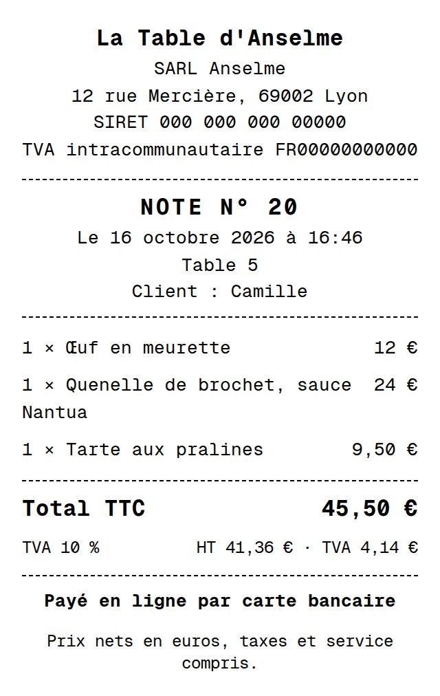 La note de la table 5 : le nom, l'adresse, le SIRET et le numéro de TVA de la maison, la date, les trois plats, le total TTC, la TVA à 10 % et « Payé en ligne par carte bancaire ».