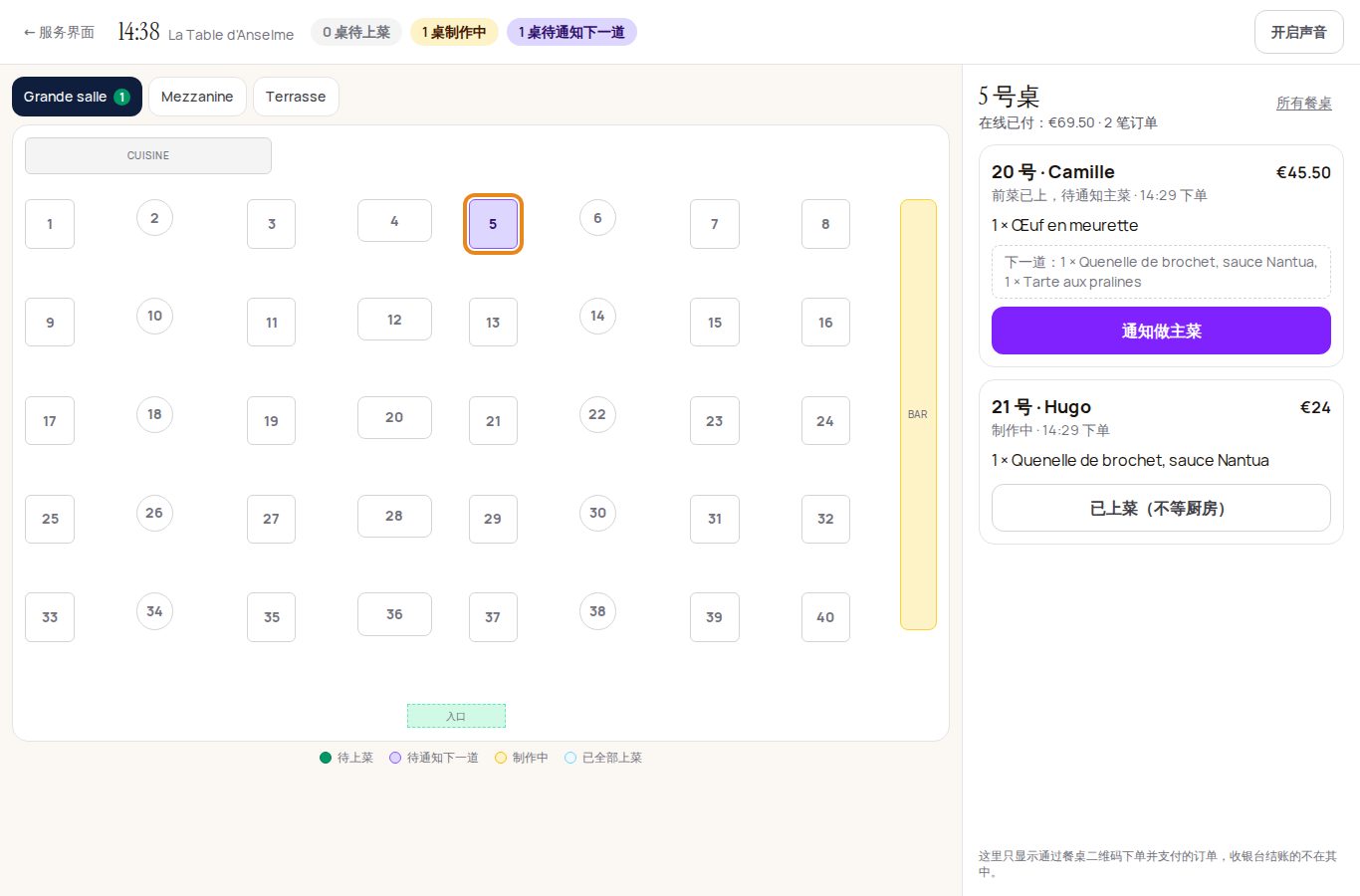 大厅屏幕:餐桌 5 为紫色,“前菜已上,待通知主菜”,鱼丸和挞在等待,以及“通知做主菜”按钮。