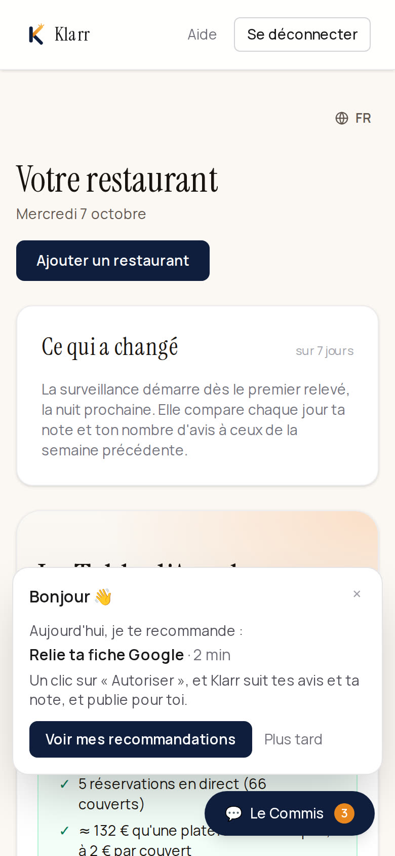 On a phone, the "Bonjour 👋" bubble above the Klarr Assistant button, with See my recommendations and Later