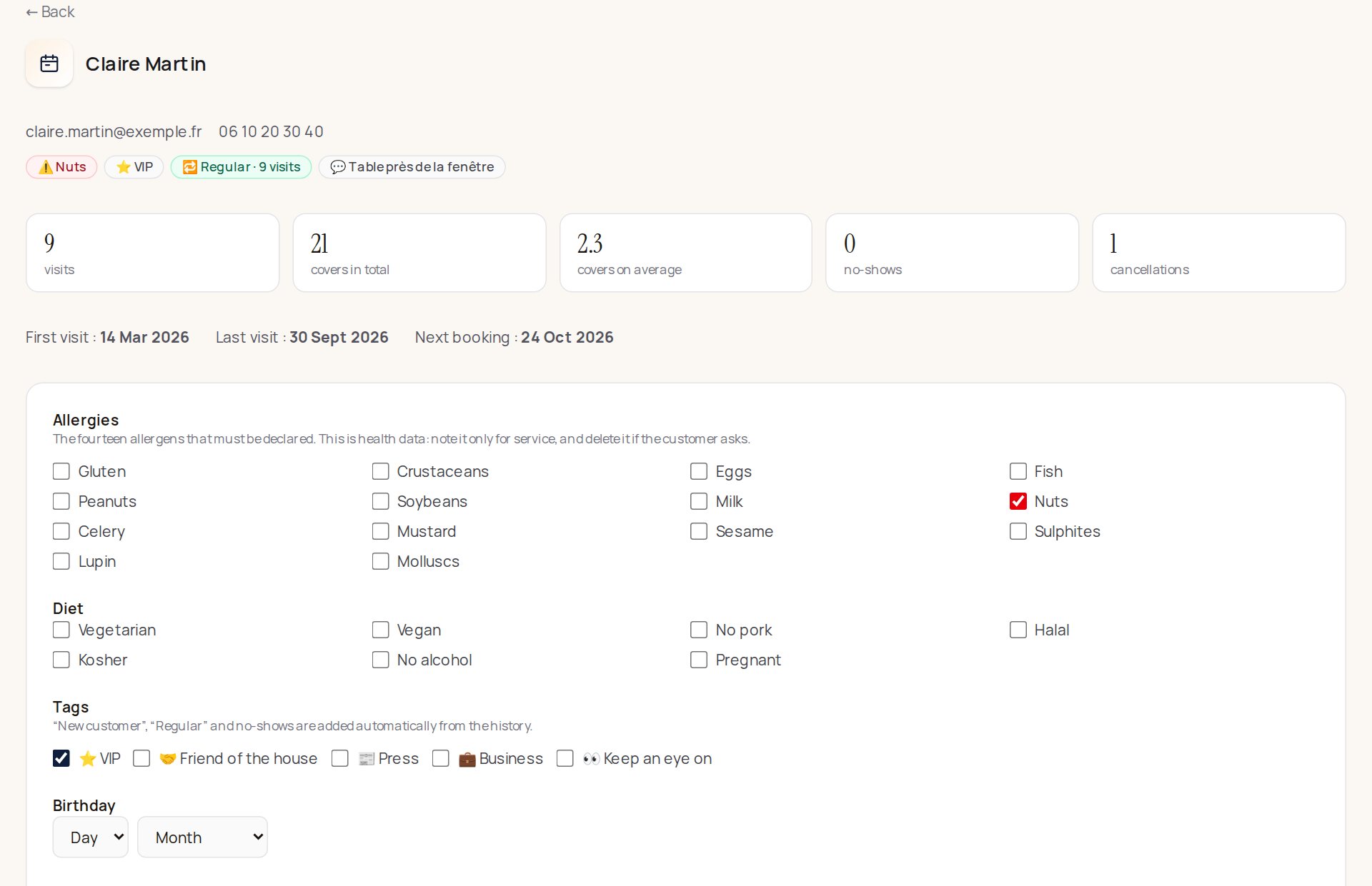 Claire Martin's profile: at the top her badges (tree nuts in red, VIP, Regular ยท 9 visits, table by the window), then 9 visits, 21 covers, 2.3 covers on average, 0 no-shows, 1 cancellation, her dates, and the checkboxes for allergies, diet and tags.