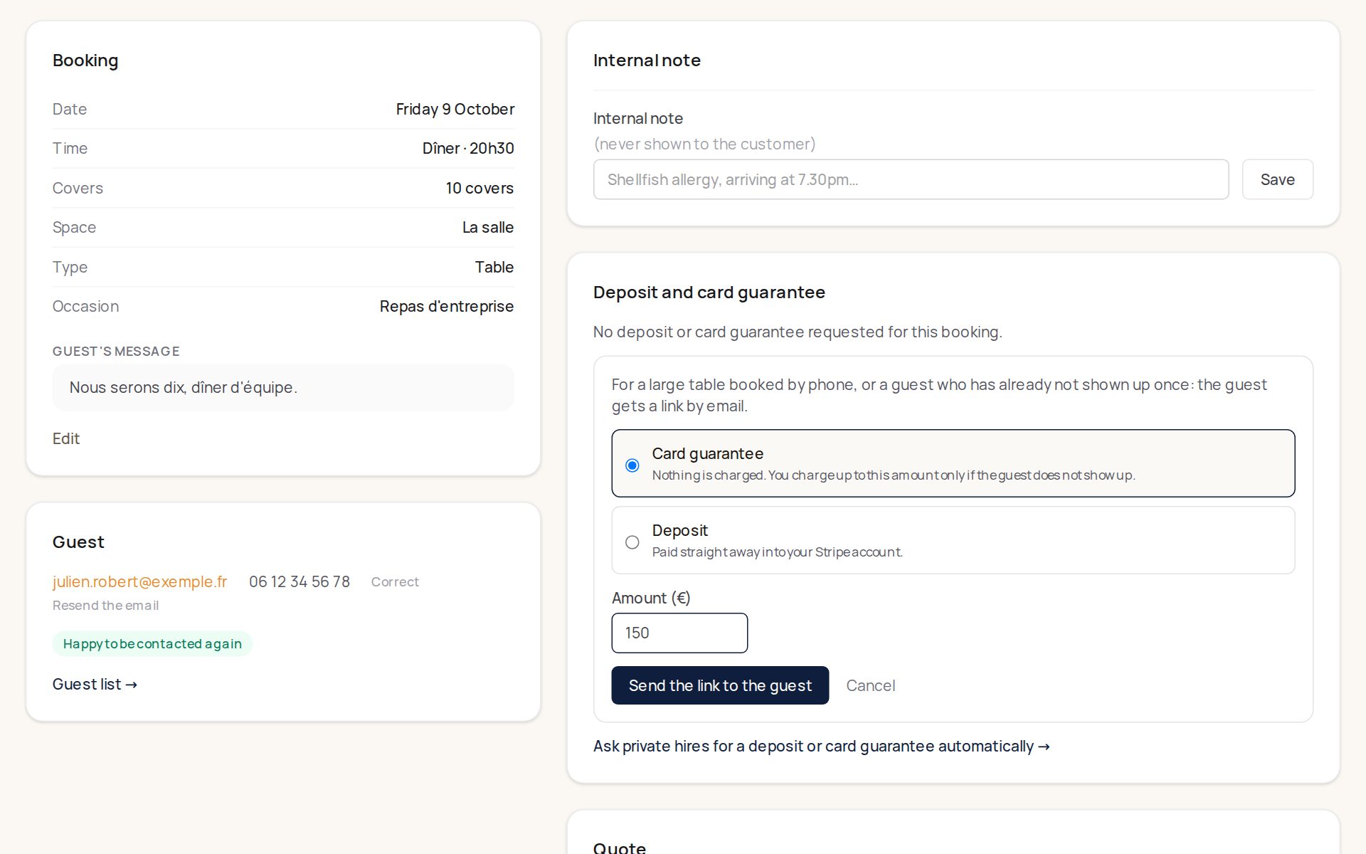 A booking's record, "Deposit and card guarantee" part: Card guarantee is chosen, amount €150, and the "Send the link to the guest" button.