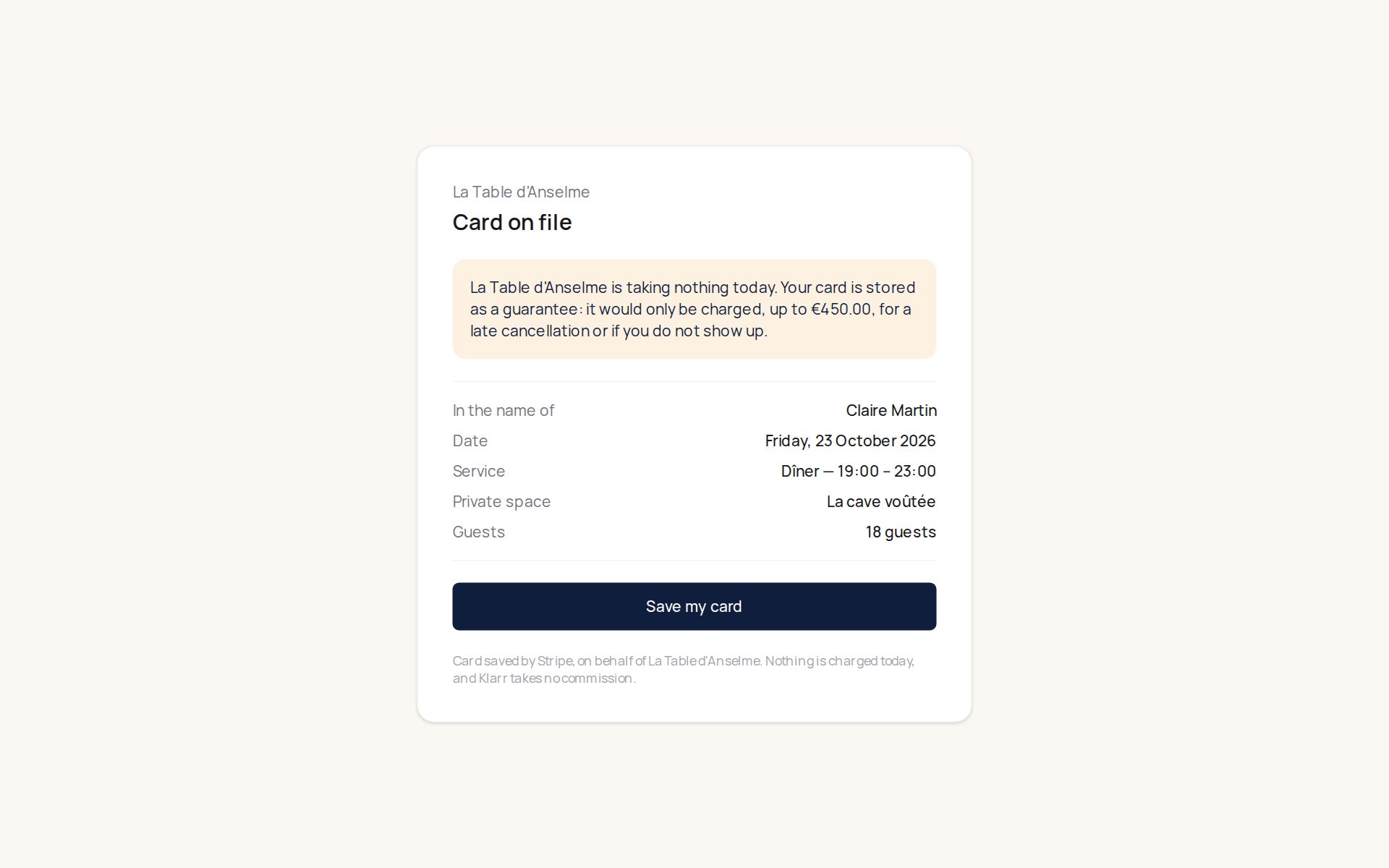 The page the guest sees: "Card as guarantee", with the maximum amount, the date, the privatised space and the "Register my card" button.