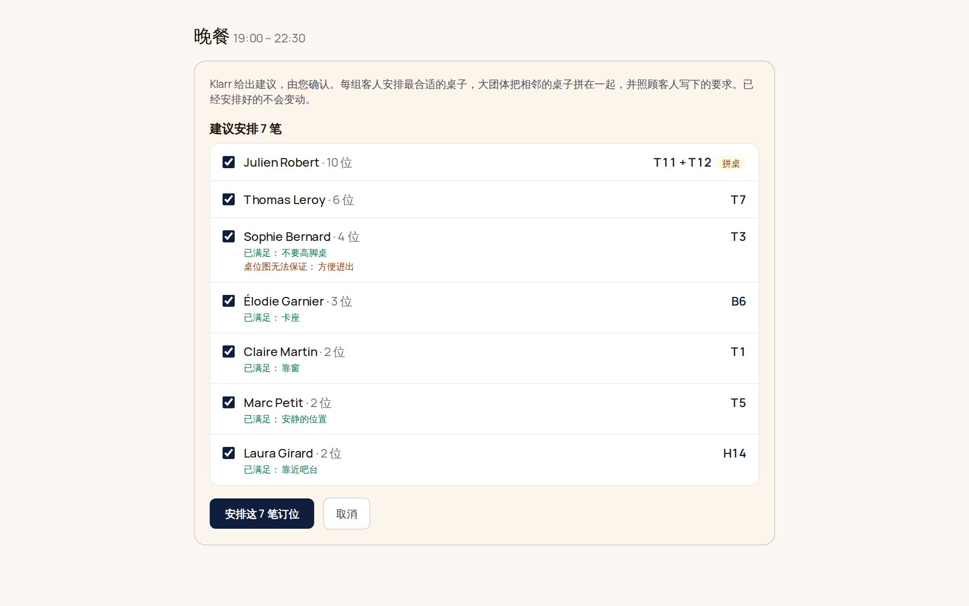自动安排:"推荐了 7 个安排",每个订位配一张桌子,满足的需求以绿色显示(卡座、靠窗、安静),为十人团拼两张桌子,以及「安排这 7 个订位」按钮。